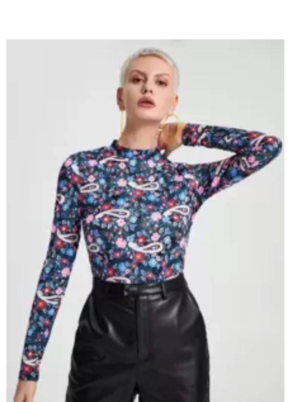 SHEIN Navy Floral Paisley Mock Neck Long-Sleeve Top